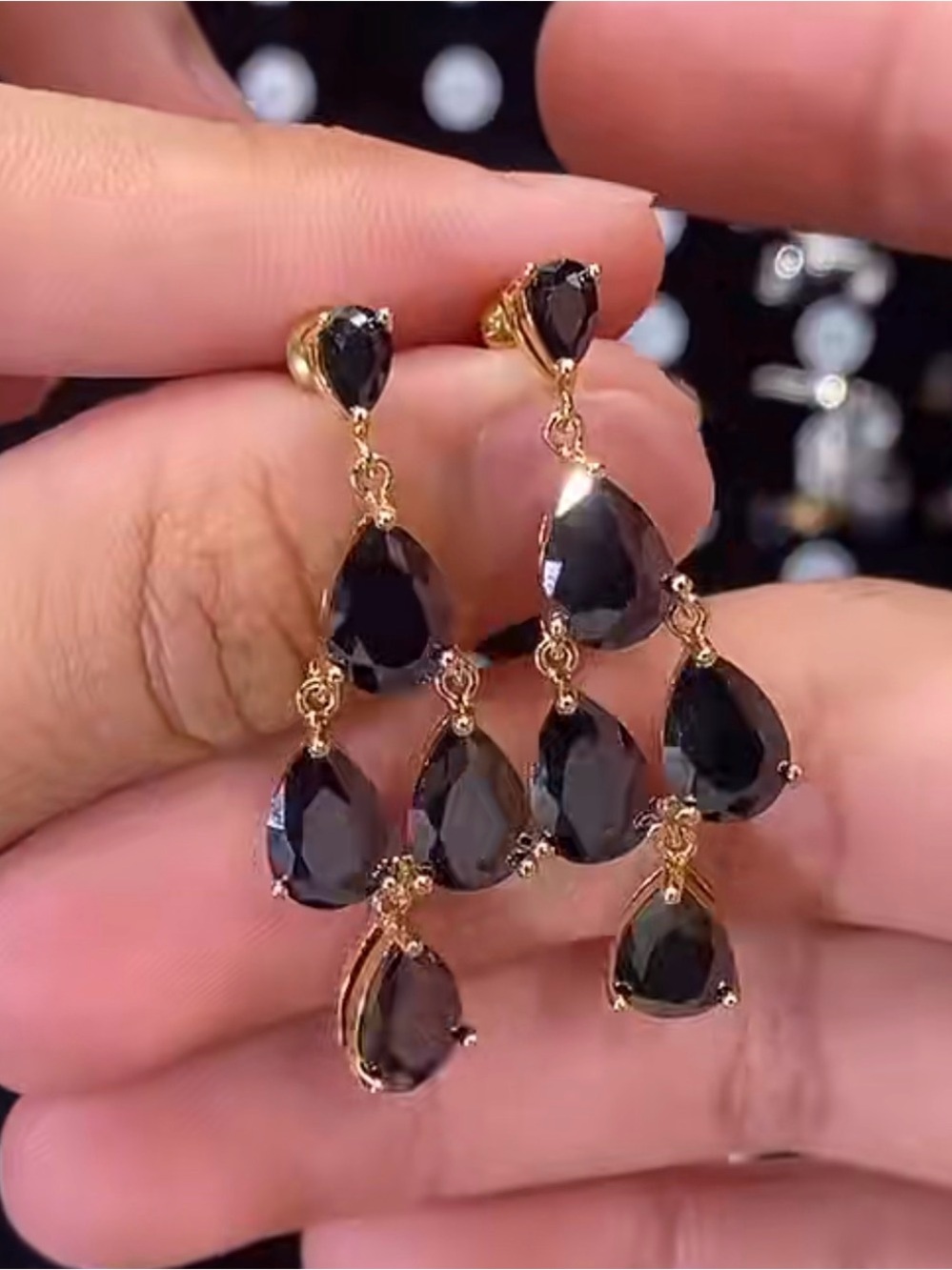 Gold-Plated Black Teardrop Chandelier Earrings